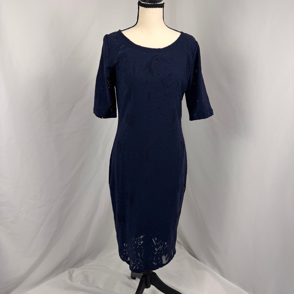 Fuzzi Mesh Dress Women XL Navy Blue Lace Pattern Elbow Sleeve Midi Made in Italy